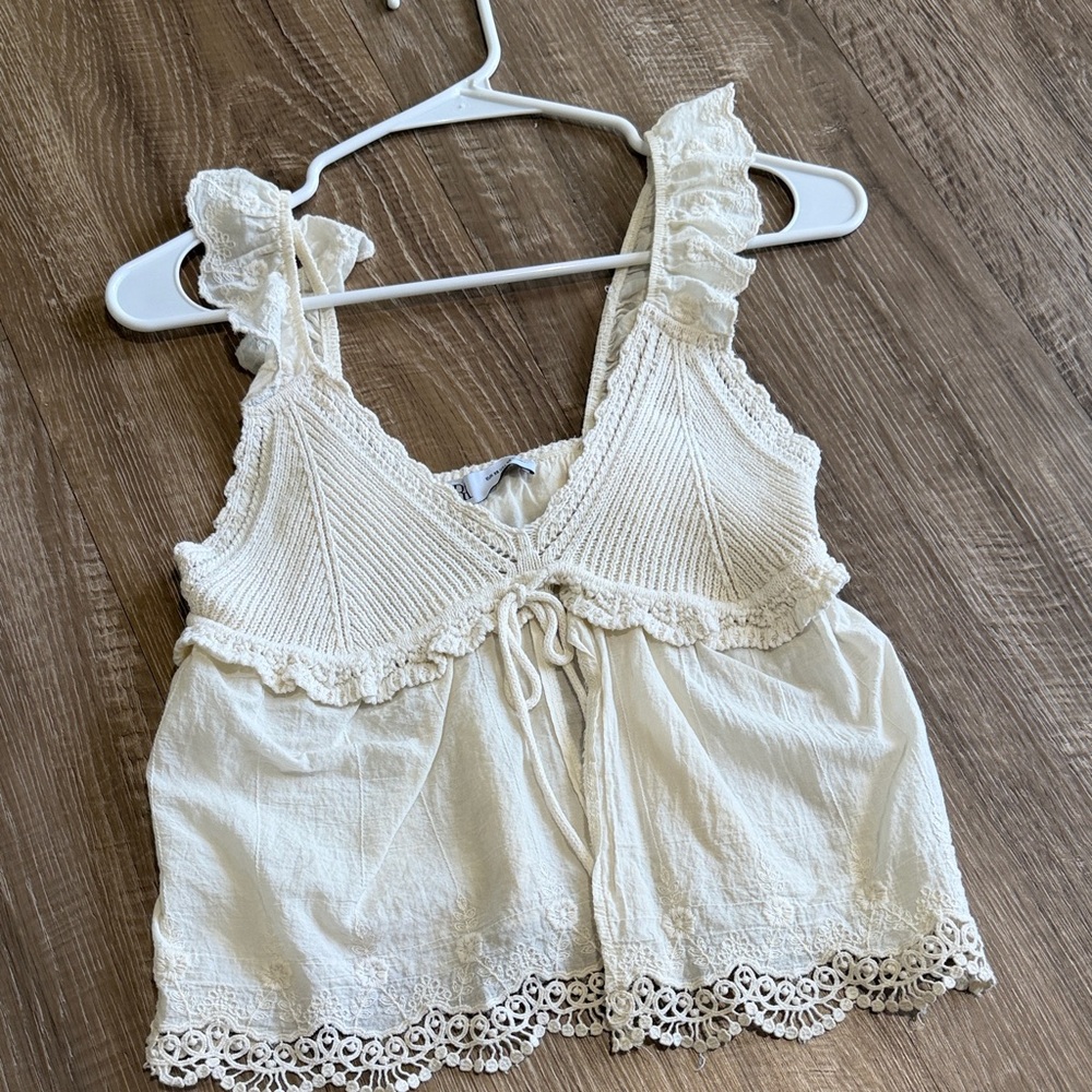 Zara Cream Crochet Tie-Front Knit Tank